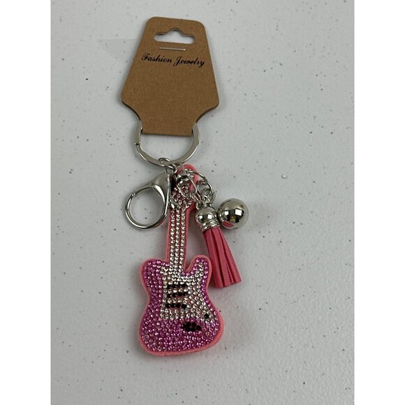 Sparkly Pink Guitar Keychain With Tassel & Bells Lead Safe - Picture 4 of 4